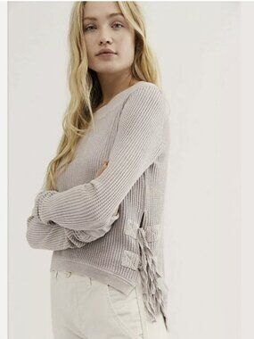 Free People FP One lnterlaken Thermal Top Tan Waffle Knit Lace Up Side Sz M